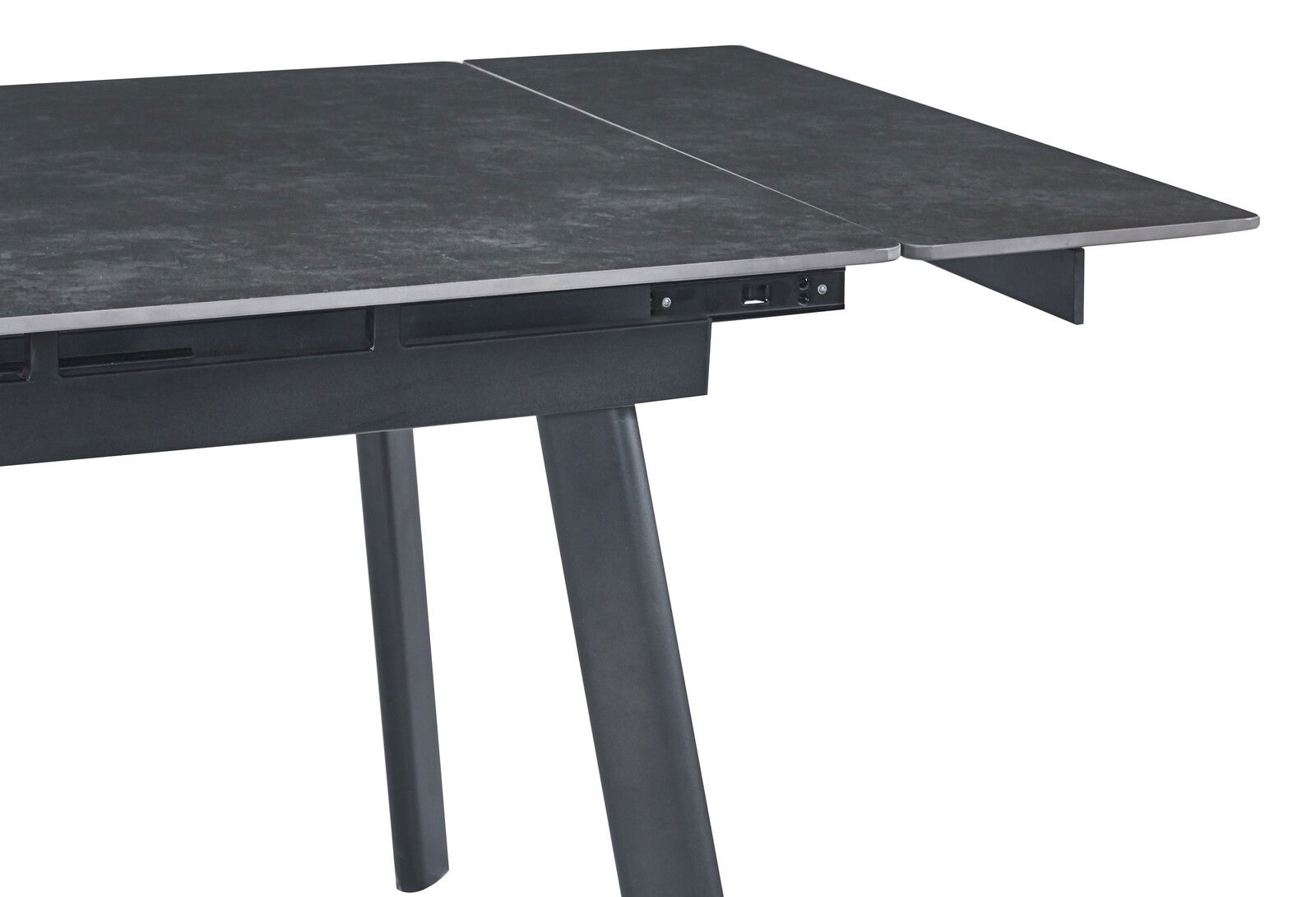 Moderner Esstisch mit dunkler Tischplatte und ausziehbarer Funktion, seitliche Perspektive