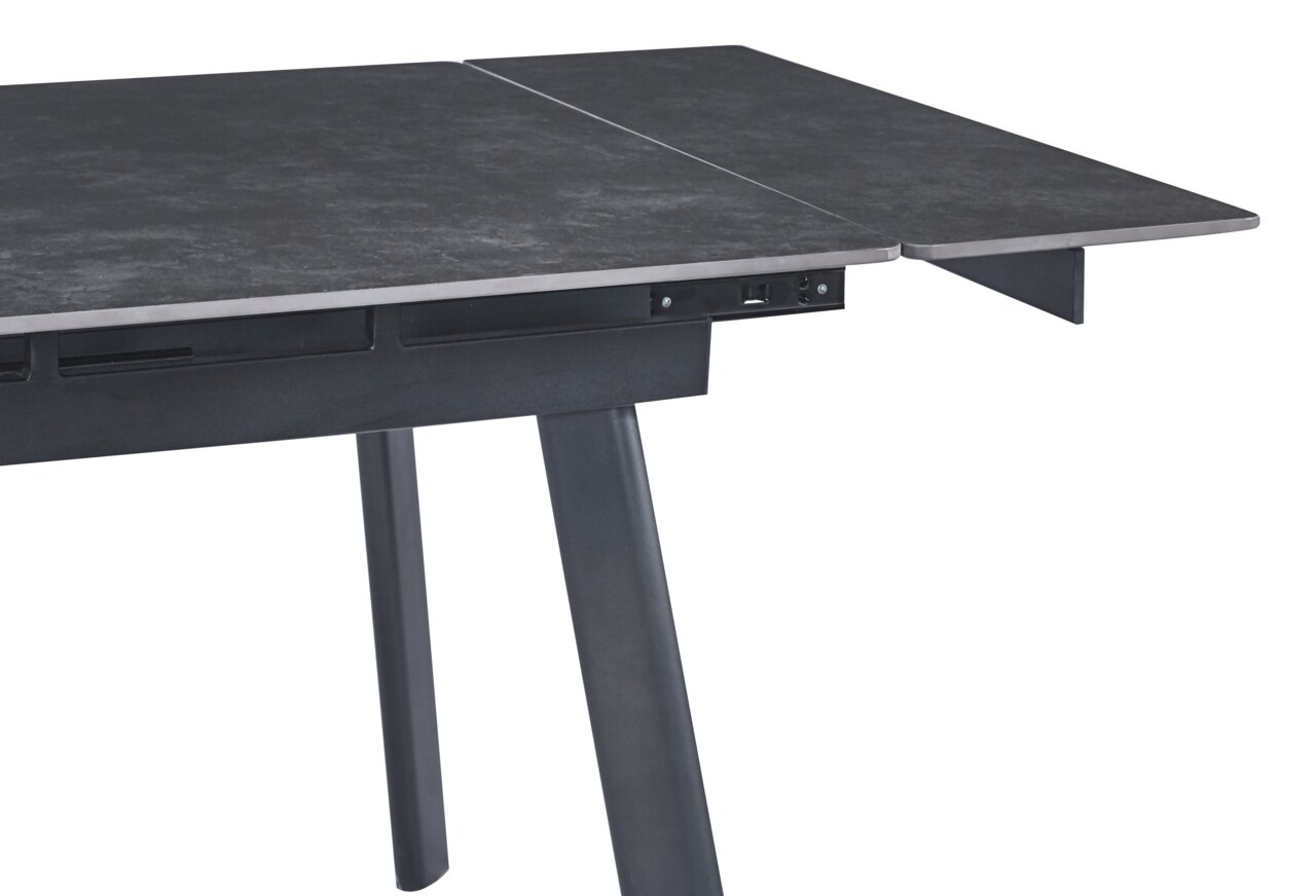 Moderner Esstisch mit dunkler Tischplatte und ausziehbarer Funktion, seitliche Perspektive