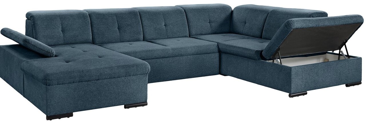 Blaue Ecksofa mit Stauraum, Ansicht von vorne rechts