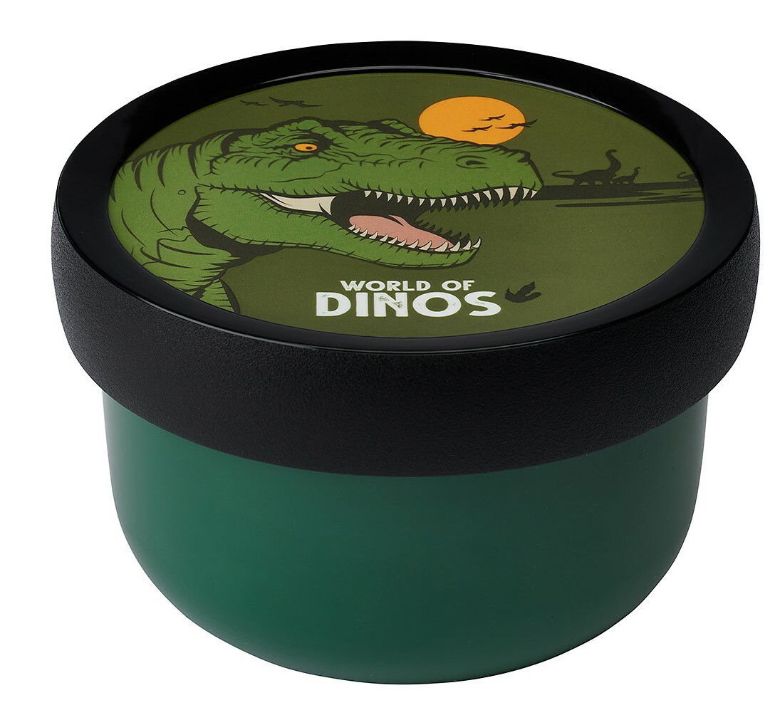 Grüne Lunchbox mit Dinosaurier-Motiv auf dem Deckel, seitliche Perspektive