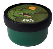 Grüne Lunchbox mit Dinosaurier-Motiv auf dem Deckel, seitliche Perspektive