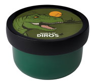 Grüne Lunchbox mit Dinosaurier-Motiv auf dem Deckel, seitliche Perspektive