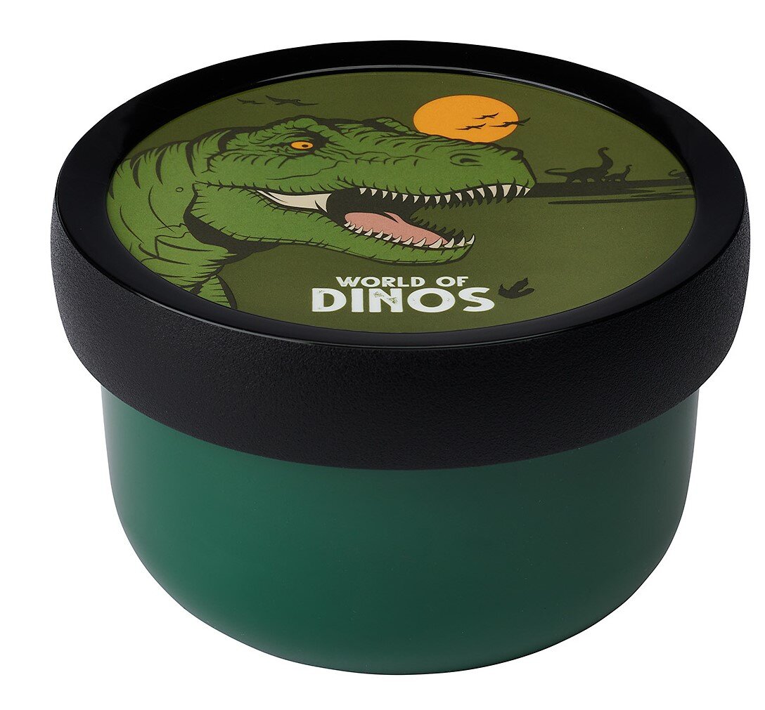 Grüne Lunchbox mit Dinosaurier-Motiv auf dem Deckel, seitliche Perspektive