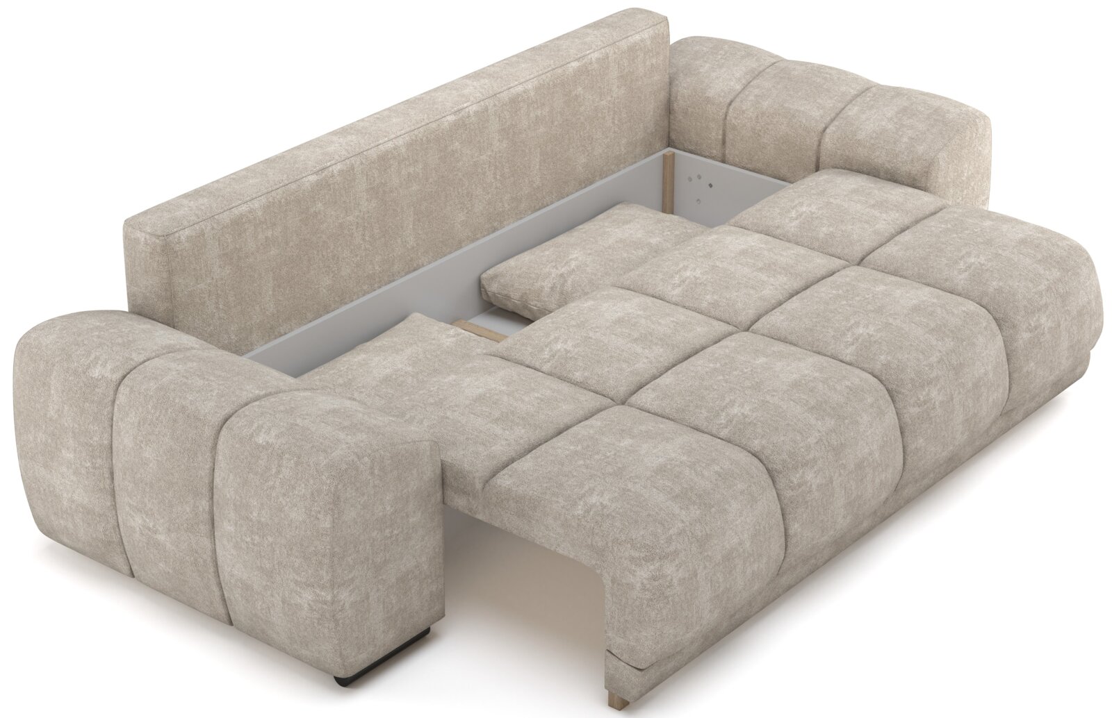 Beige Funktionssofa in ausgeklappter Position, Ansicht von schräg oben