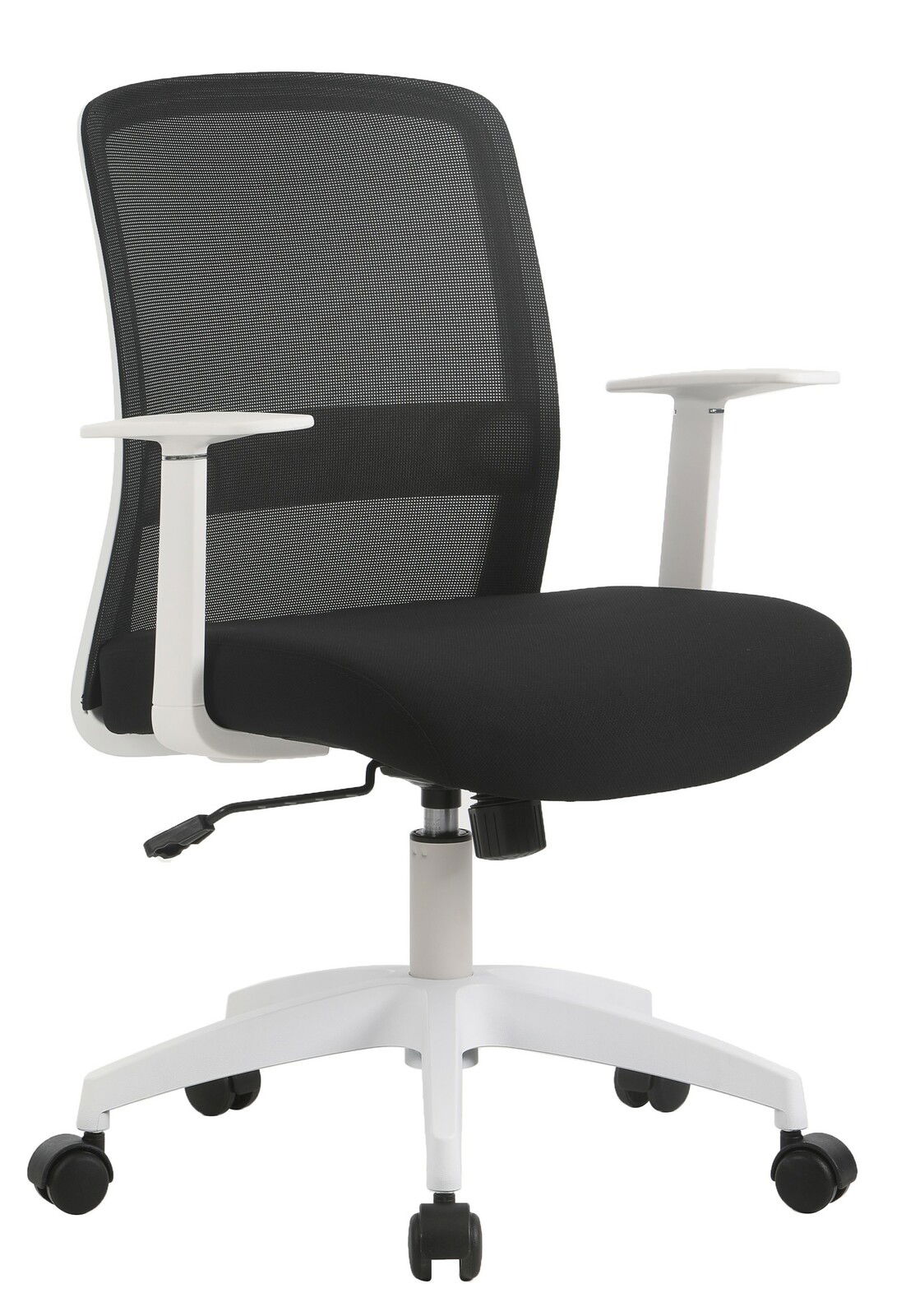 Moderner Drehstuhl mit schwarzem Netzrücken und Sitzfläche, weißen Armlehnen und Gestell, seitliche Perspektive