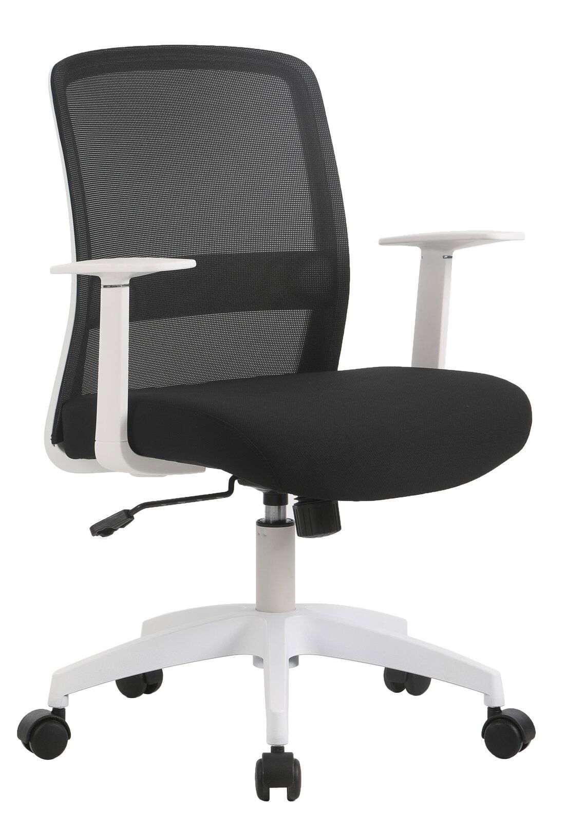 XORA Drehstuhl KARIM Moderner Drehstuhl mit schwarzem Netzrücken und Sitzfläche, weißen Armlehnen und Gestell, seitliche Perspektive