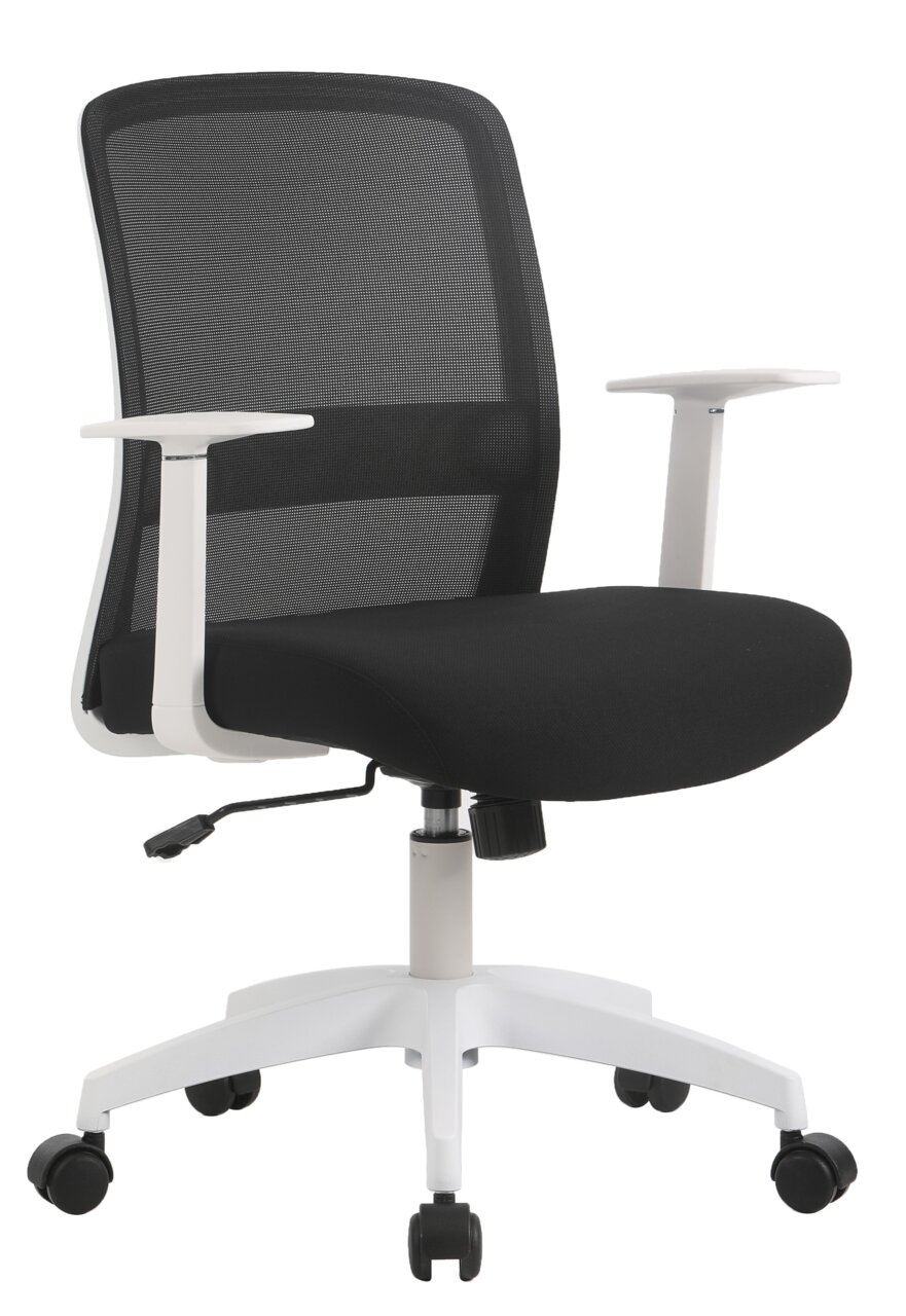 Moderner Drehstuhl mit schwarzem Netzrücken und Sitzfläche, weißen Armlehnen und Gestell, seitliche Perspektive