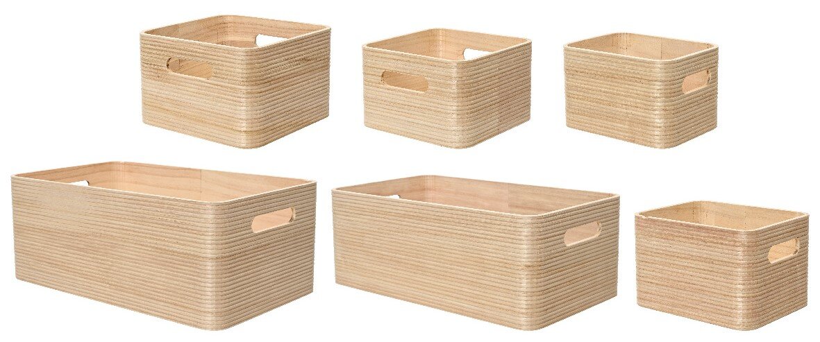 Decoris Mandenstel, 6-delig Sechsteiliges Korbset aus Holz in verschiedenen Größen, perspektivisch von vorne und oben gezeigt.