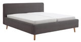Graues Polsterbettgestell mit Holzfüßen, seitliche Perspektive