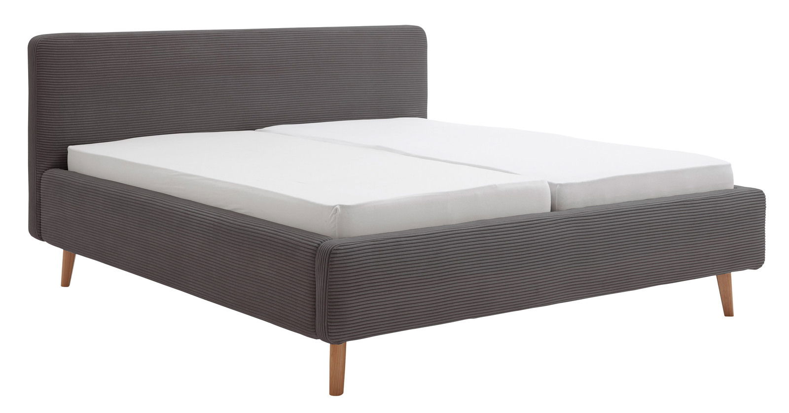 Graues Polsterbettgestell mit Holzfüßen, seitliche Perspektive