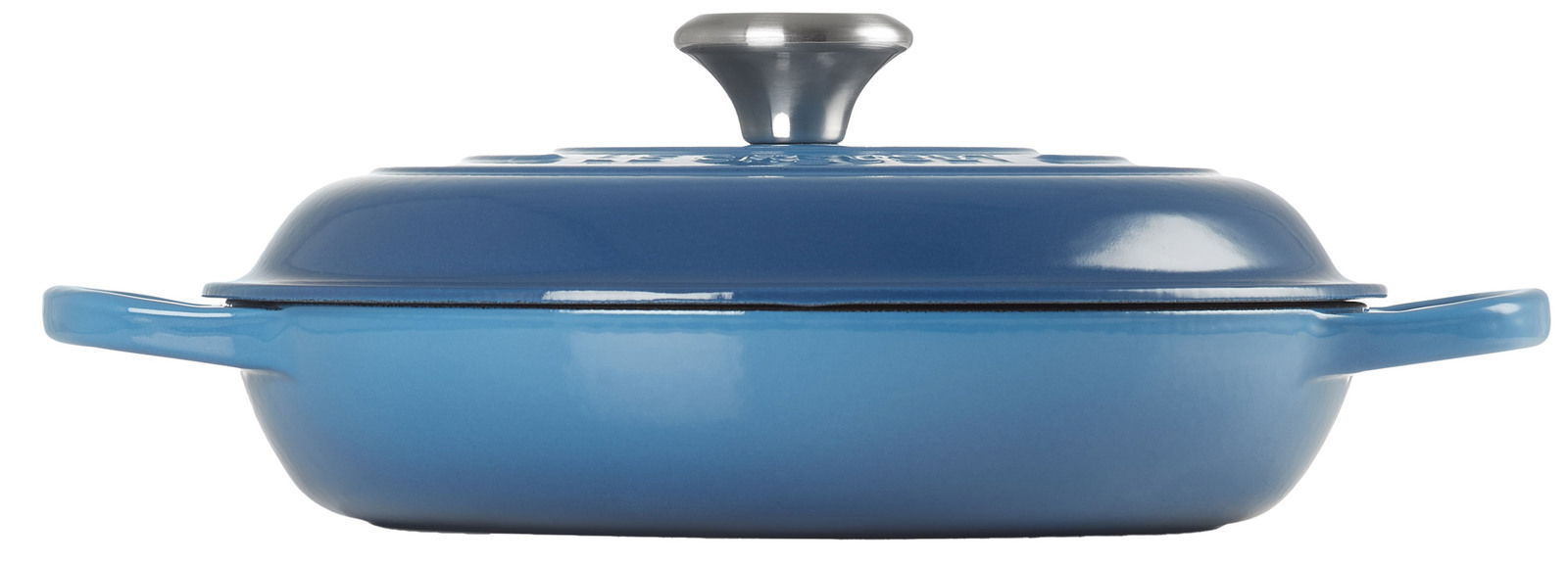 Blaue gusseiserne Bratpfanne mit Deckel, seitliche Perspektive