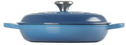 Blaue gusseiserne Bratpfanne mit Deckel, seitliche Perspektive