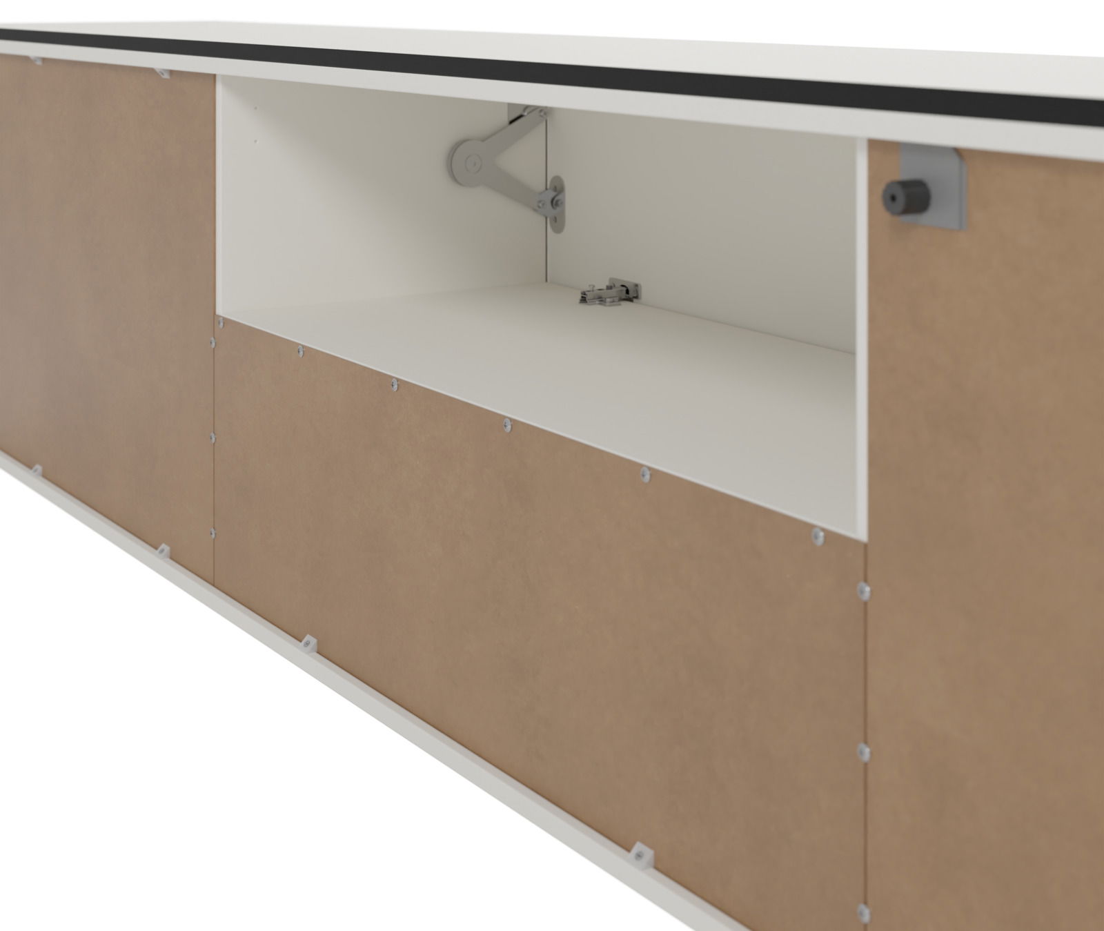 Nahaufnahme eines XL-TV-Lowboards mit geöffneter Klappe, die den Innenraum zeigt, aus seitlicher Perspektive.