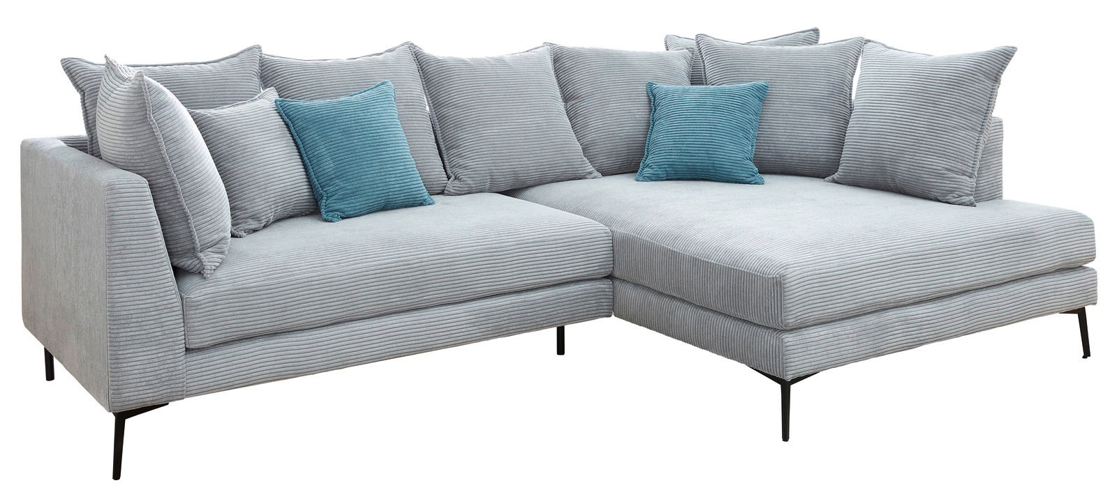 Graue Eckgarnitur mit blauen Kissen, seitliche Perspektive