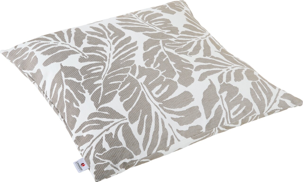 Linneweber Outdoor Kissen COMFORT Outdoor Kissen mit Blätterdesign in Beige und Weiß, schräg von oben fotografiert