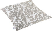 Outdoor Kissen mit Blätterdesign in Beige und Weiß, schräg von oben fotografiert