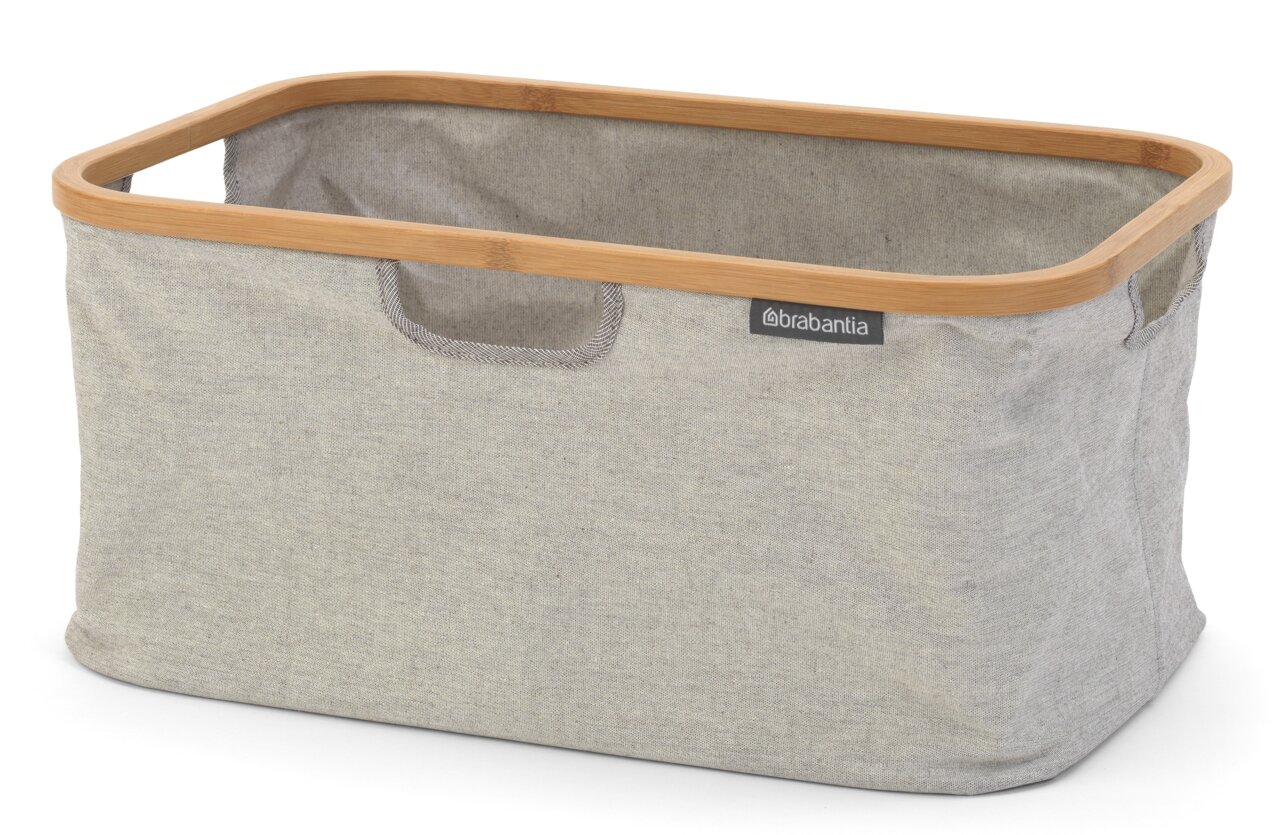 Faltbarer Wäschekorb aus Stoff mit Bambusrahmen, seitliche Perspektive