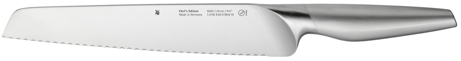 Seitliche Ansicht eines hochwertigen Küchenmessers der Chef's Edition mit Wellenschliff, hergestellt in Deutschland.