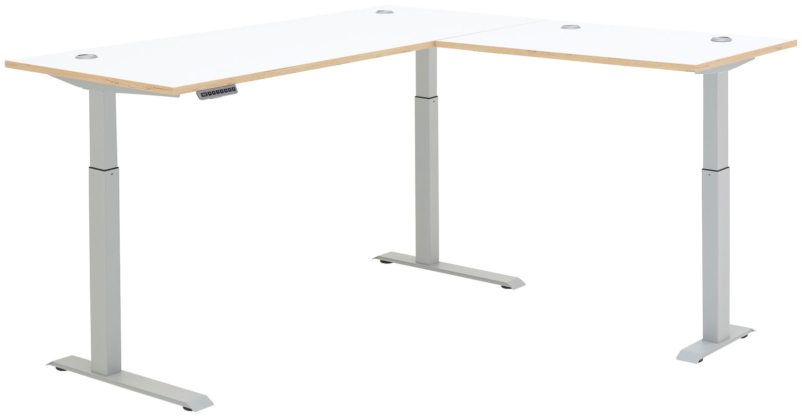 Moderner höhenverstellbarer E-Eckschreibtisch mit weißer Tischplatte und silbernen Beinen, seitliche Perspektive