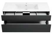 Moderne Badkombination mit zwei offenen Schubladen und integriertem Waschbecken, Ansicht von vorne.