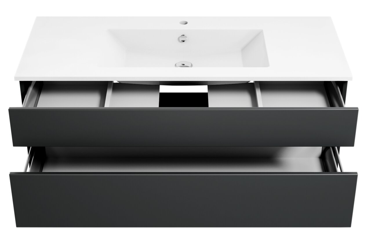 Moderne Badkombination mit zwei offenen Schubladen und integriertem Waschbecken, Ansicht von vorne.