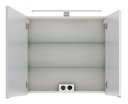 Offener Spiegelschrank mit zwei Glaseinlegeböden und integrierter Beleuchtung, Frontalansicht