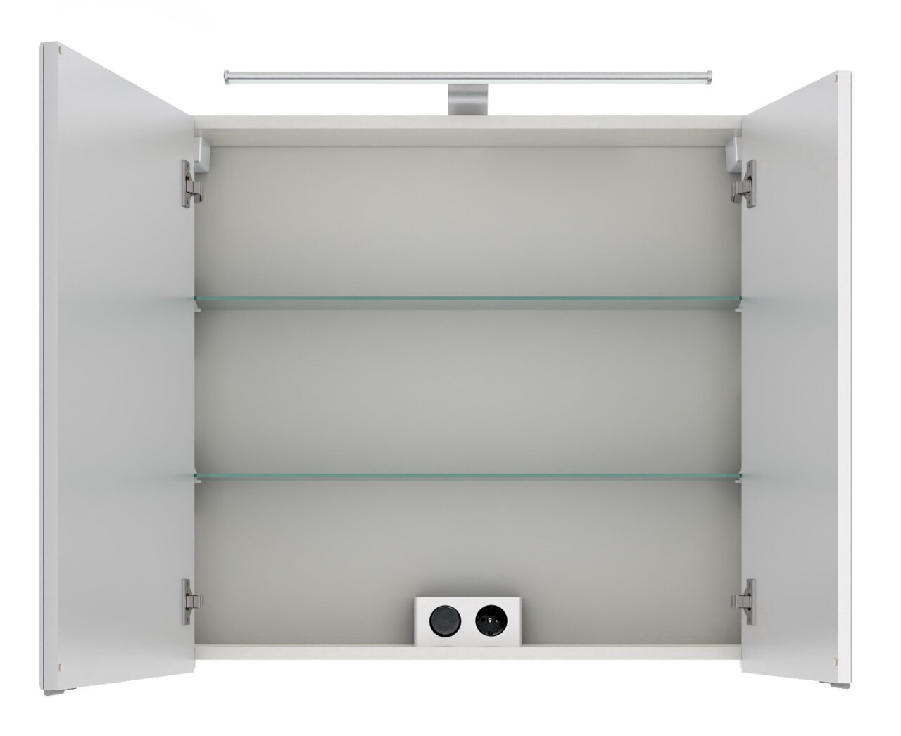 Offener Spiegelschrank mit zwei Glaseinlegeböden und integrierter Beleuchtung, Frontalansicht