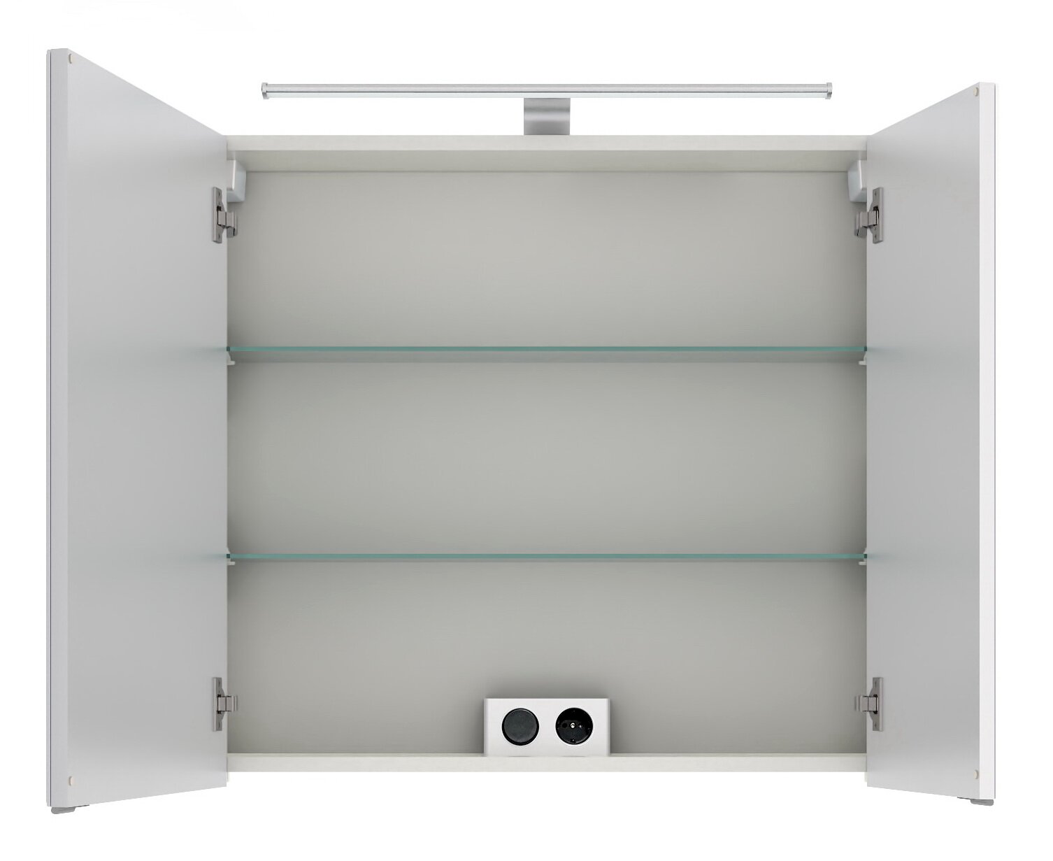 Open spiegelkast met twee glazen legplanken en ingebouwde verlichting, vooraanzicht