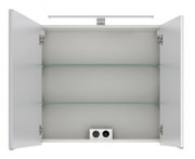 Open spiegelkast met twee glazen legplanken en ingebouwde verlichting, vooraanzicht