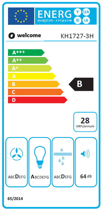 Energieeffizienzlabel für ein Küchengerät, Modell KH1727-3H, mit Energieklasse B, 28 kWh pro Jahr, 64 dB Lautstärke, Frontalansicht.