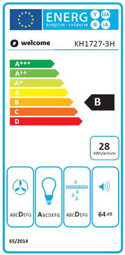 Energieeffizienzlabel für ein Küchengerät, Modell KH1727-3H, mit Energieklasse B, 28 kWh pro Jahr, 64 dB Lautstärke, Frontalansicht.