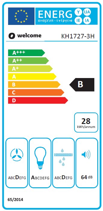 Energieeffizienzlabel für ein Küchengerät, Modell KH1727-3H, mit Energieklasse B, 28 kWh pro Jahr, 64 dB Lautstärke, Frontalansicht.