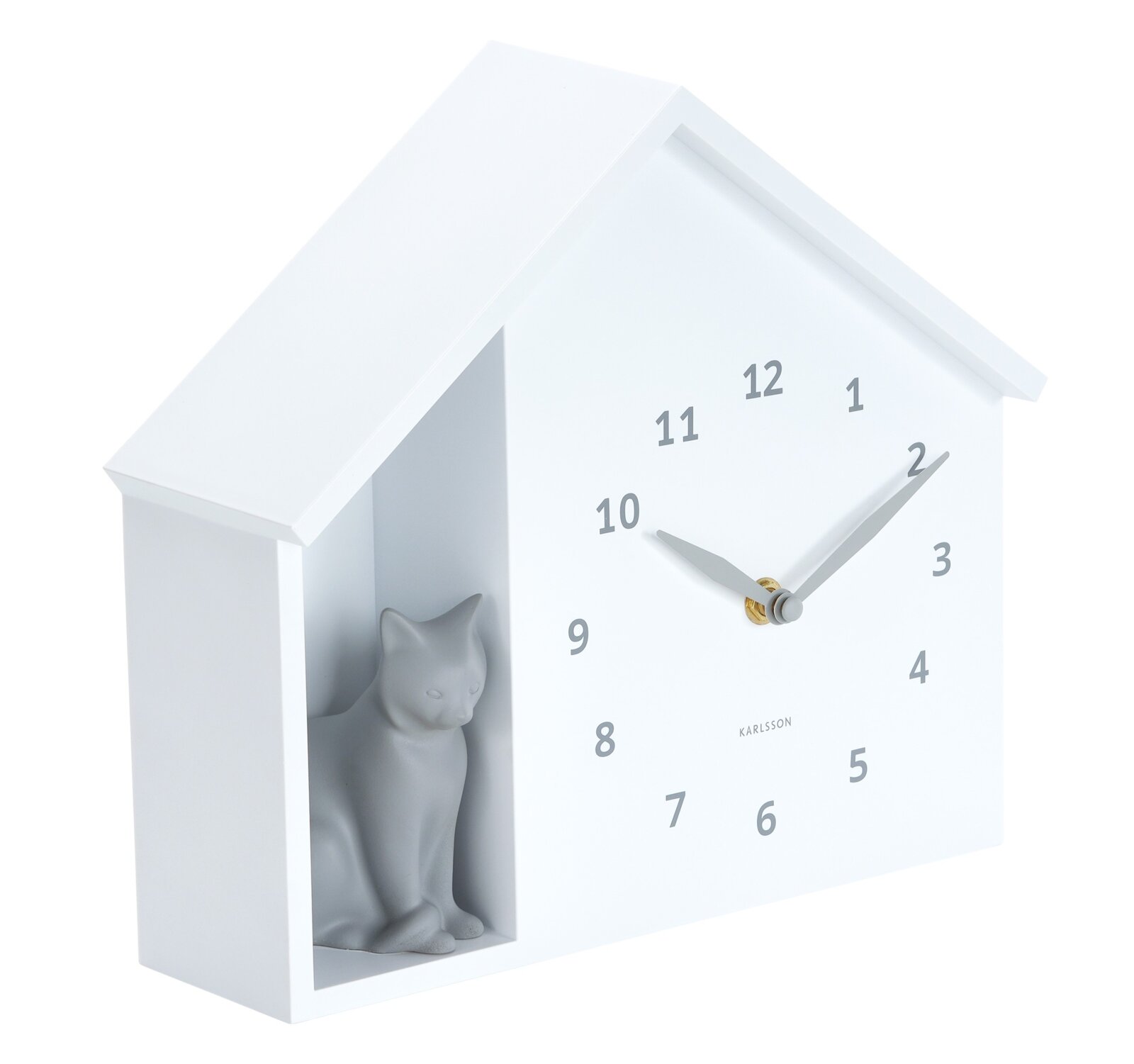 Witte wandklok in de vorm van een huisje met een grijs kattenfiguurtje aan de linkerkant, gezien vanuit een zijaanzicht.