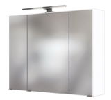 Moderner Spiegelschrank mit drei Türen und integrierter Beleuchtung, seitliche Perspektive