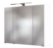 Moderner Spiegelschrank mit drei Türen und integrierter Beleuchtung, seitliche Perspektive
