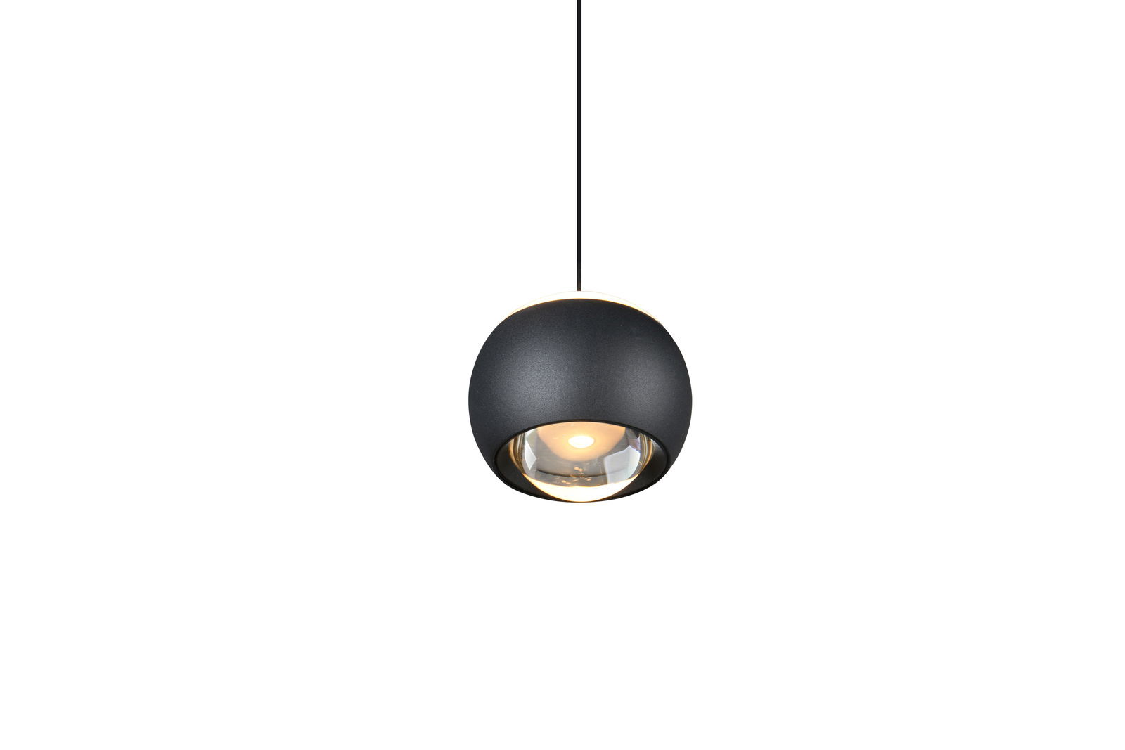 Moderne schwarze Pendelleuchte aus der Perspektive von unten, mit rundem Design und sichtbarem Leuchtmittel.