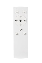 Witte afstandsbediening voor verlichting met aan/uit-knoppen, regeling van helderheid en kleurtemperatuur (K-/K+), nachtmodus en L1/L2-schakelaars, vooraanzicht