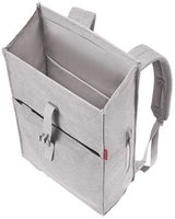 Grauer urbaner Rolltop-Rucksack mit offener Oberseite, von oben betrachtet, zeigt geräumiges Innenfach und verstellbare Schultergurte.