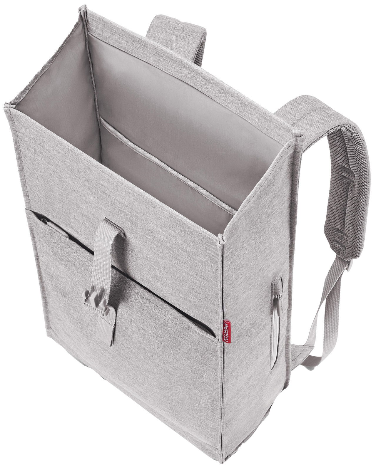 Grauer urbaner Rolltop-Rucksack mit offener Oberseite, von oben betrachtet, zeigt geräumiges Innenfach und verstellbare Schultergurte.