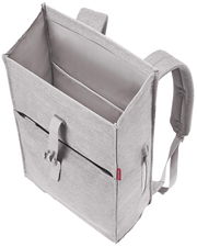 Grauer urbaner Rolltop-Rucksack mit offener Oberseite, von oben betrachtet, zeigt geräumiges Innenfach und verstellbare Schultergurte.