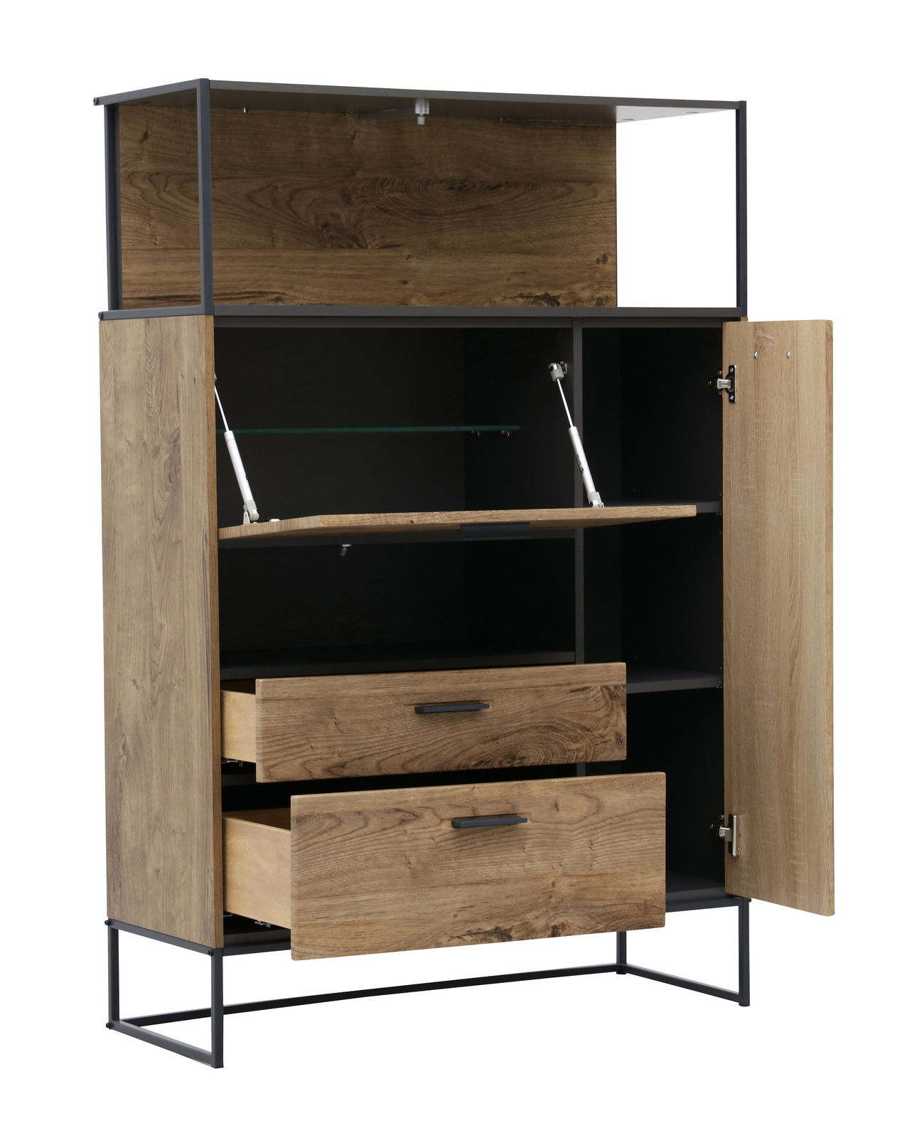 Vorderansicht einer modernen Wandkombination mit Holzoptik, offenen Schubladen und Türen.