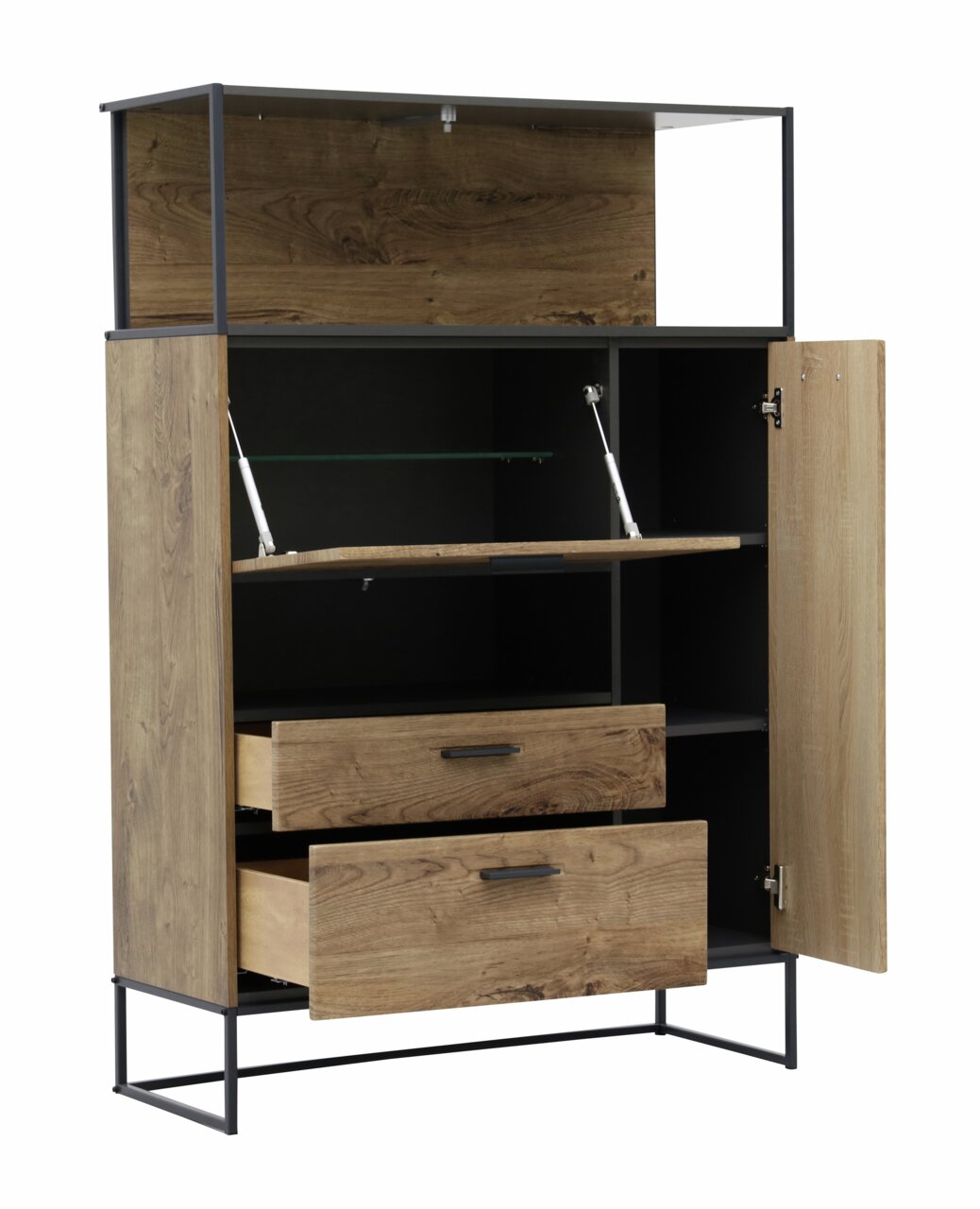 Vorderansicht einer modernen Wandkombination mit Holzoptik, offenen Schubladen und Türen.