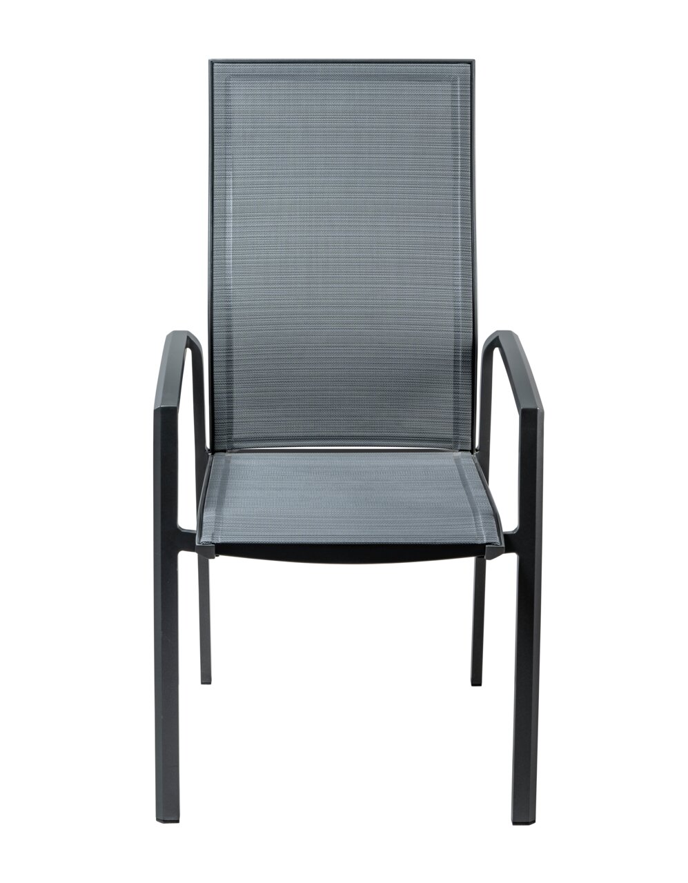 Vorderansicht eines modernen Stapelsessels mit schwarzem Metallrahmen und grauem Netzgewebe.