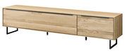 TV-Lowboard aus hellem Holz mit schwarzem Metallgestell, seitliche Perspektive