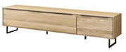 TV-lowboard van licht hout met een zwart metalen onderstel, zijaanzicht