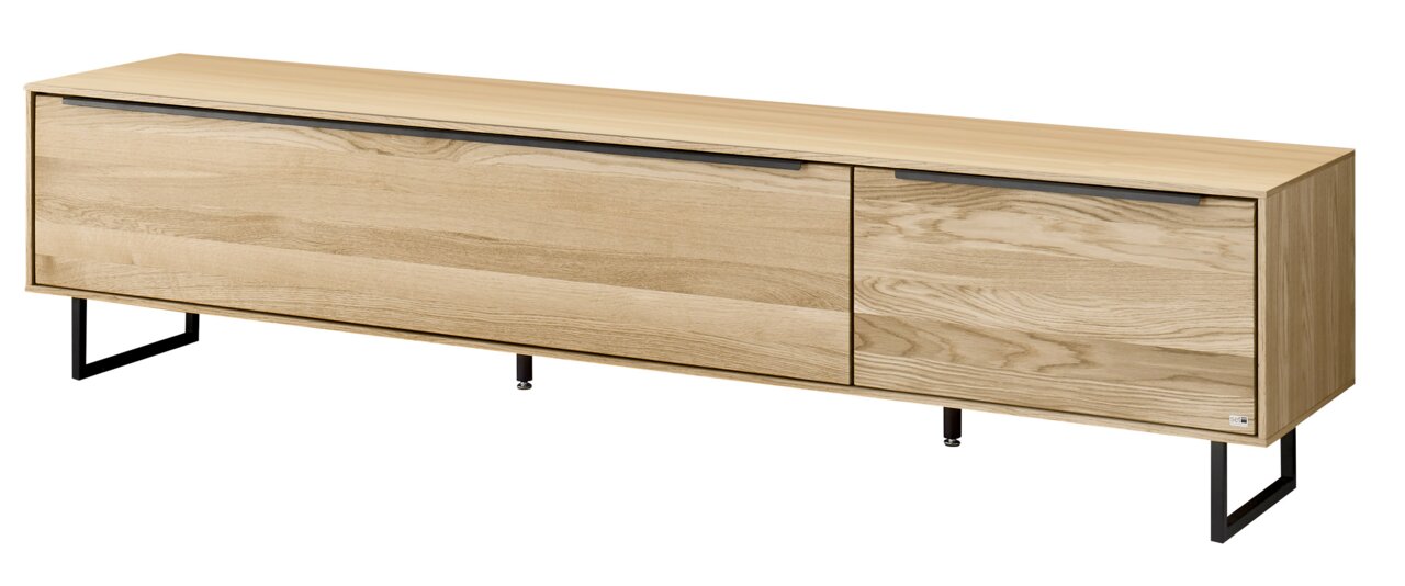 TV-lowboard van licht hout met een zwart metalen onderstel, zijaanzicht