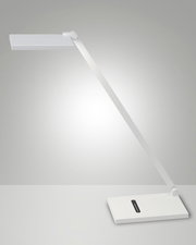 Moderne LED-Schreibtischleuchte in seitlicher Perspektive mit schlankem, minimalistischem Design und rechteckigem Fuß.