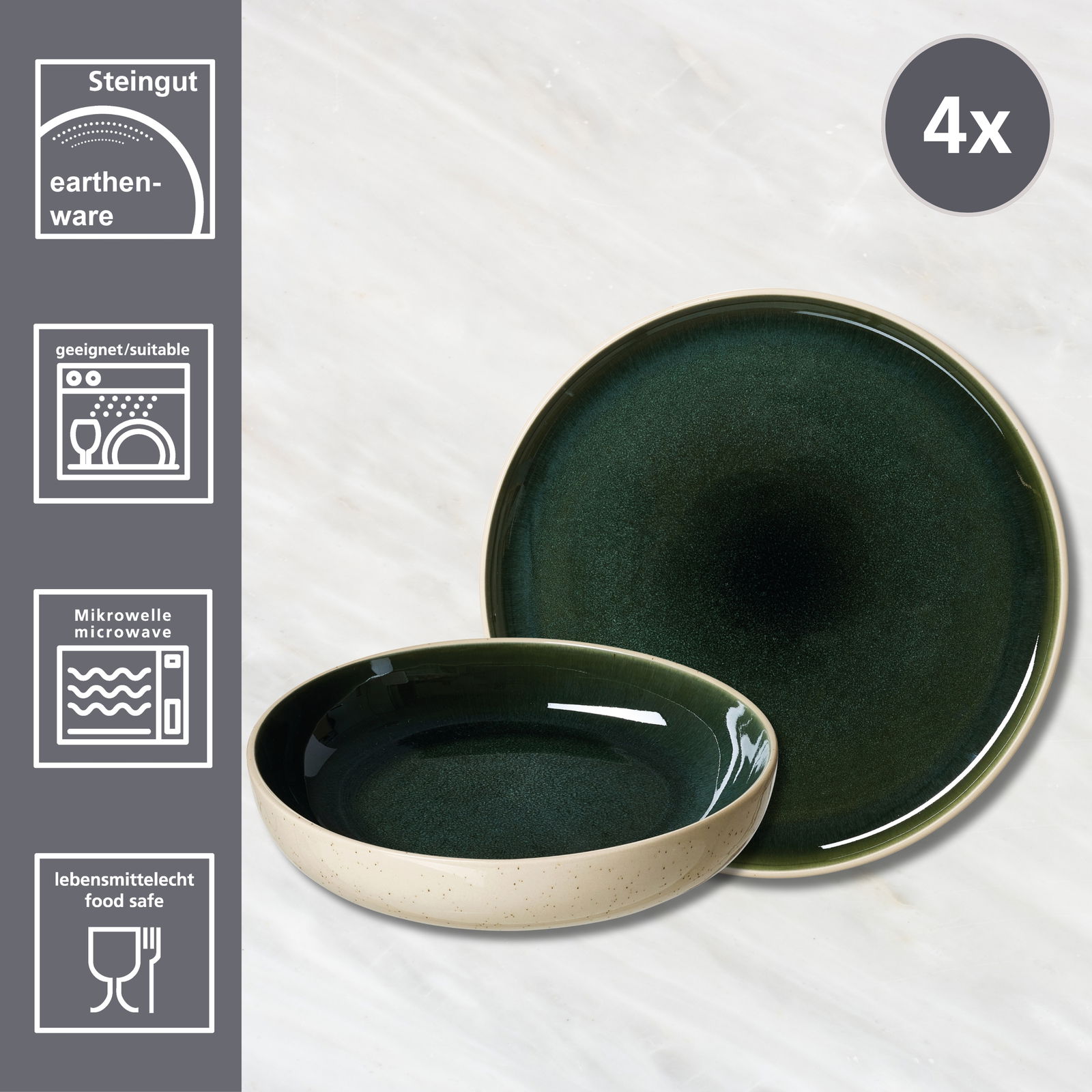 Tafelset 8-tlg. in dunkelgrün von Ritzenhoff & Breker, bestehend aus Steingut, geeignet für Spülmaschine und Mikrowelle, lebensmittelecht, abgebildet aus der Vogelperspektive.