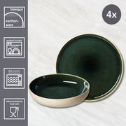 Tafelset 8-tlg. in dunkelgrün von Ritzenhoff & Breker, bestehend aus Steingut, geeignet für Spülmaschine und Mikrowelle, lebensmittelecht, abgebildet aus der Vogelperspektive.