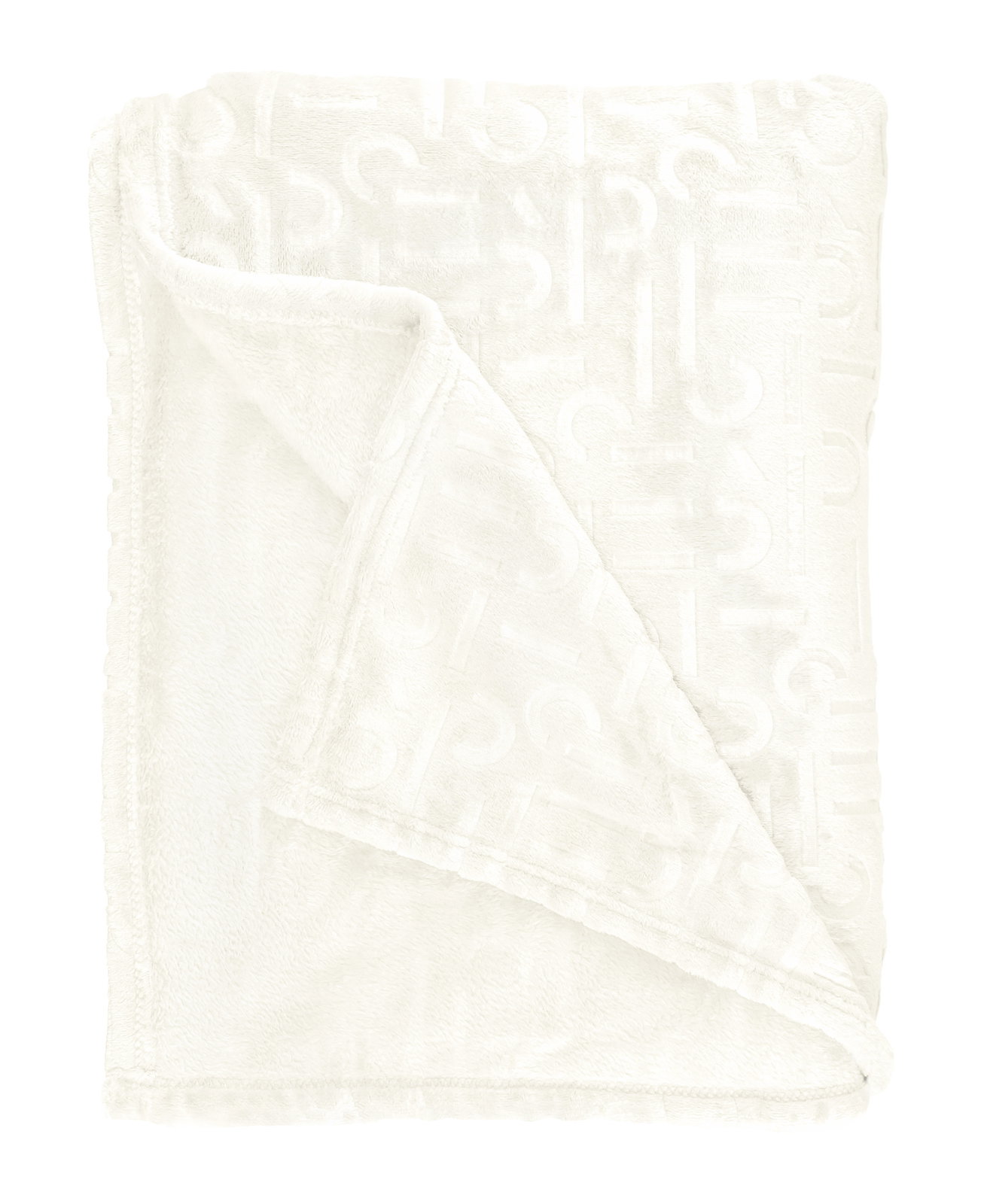 Weißes Plaid mit eingeprägtem Esprit-Logo, gefaltet und aus der Vogelperspektive fotografiert.